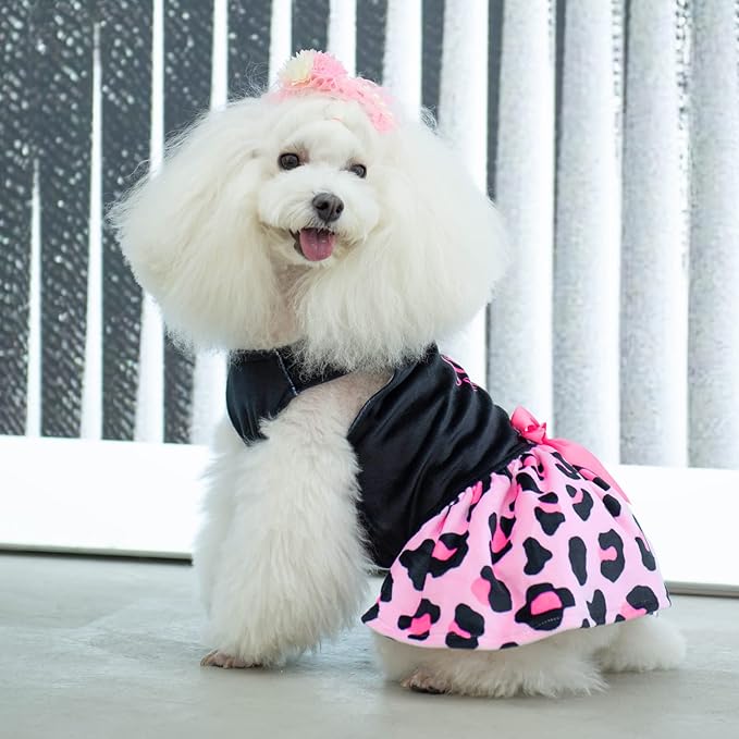 CuteBone Little Miss Sassy Pants Dog Leopard Print Dress Velvet for Small Dogs Girl Puppy Dresses Pink Dog Clothes CVA15XS-D