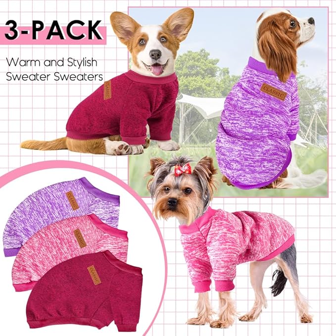 3 Pack Dog Sweaters for Small Dogs Girl Boy Winter Fleece Clothes Warm Soft Dog Sweatshirt Outfit for Dogs Cats Pet Apparel (Wine Red, Small)