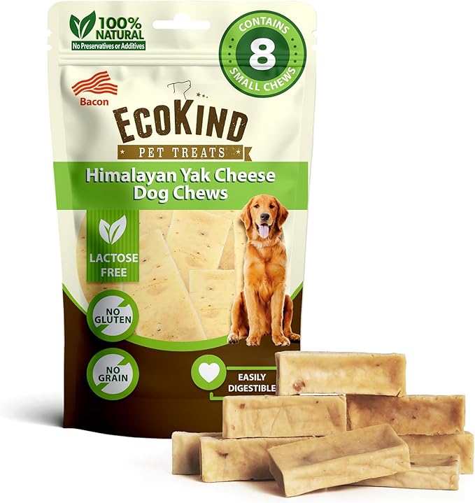 EcoKind Premium Gold Yak Cheese Himalayan Dog Chews, Healthy Dog Treats for Small Dogs, All Natural, High Protein Dog Chew, Bacon, Small - 8 Chews