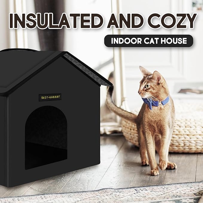 Rest-Eazzzy Cat House for Outdoor Cats, Weatherproof and Insulated Feral Cat House with Mat and Canopy, Easy to Put Together, Selfwarming Cat Shelter for Winter(13 * 13 * 14" Black with Support)