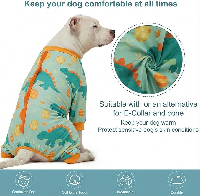 LovinPet Large Dog Pajamas, Four-Leg Stretch Onesie Bodysuit, Lightweight UV-Shielding Pajamas, Anti-Lick Calming Recovery Suit for Surgery, Pull-On for Medium and Large Breeds,Green Orange,L