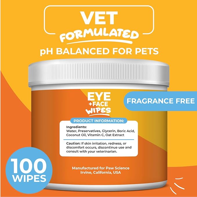 Dog & Cat Eye Wipes - Hypoallergenic Eye & Face Wipes for Cats, Dogs, Kitten and Puppy - Pet Tear Stain Remover & Cleaner - Gently Cleans & Removes Discharge, Crust, & Gunk (Unscented)
