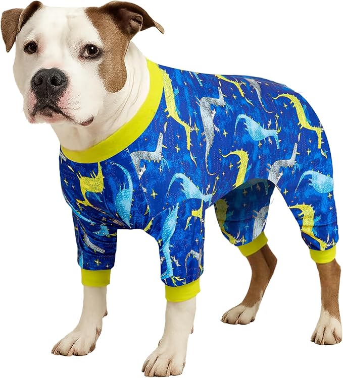 LovinPet Large Dog Pj - Pet Anxiety Calming Shirt, Dog Jammies for After Surgery, Lightweight Fabric, Blue Dragon Print, Pitbull Clothes, Long-Sleeved 4 Leg Style Pullover Dog Onesie, Dark Blue M