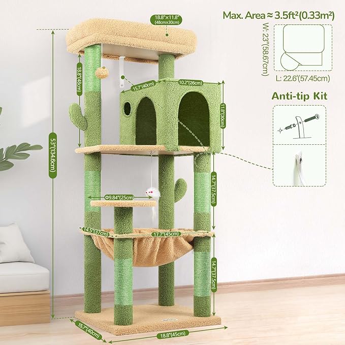 Globlazer Cactus Cat Tree Tower with Scratching Post for Indoor Cats, 53inch Tall Plush Multi-Level Cat Climbing Tower Condo with Large Hammock, Spacious Cat Cave, Padded Top Perch Bed, F53, Green