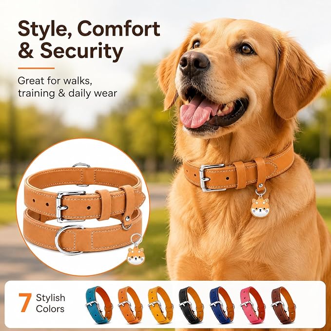 Genuine Leather Dog Collar, Soft Padded Leather Dog Collars with Airtag Holder Case for Small Medium Large X-Large Dogs,Comfort Heavy Duty Pet Collar with Durable Metal Buckle & D-Ring-Khaki/XL