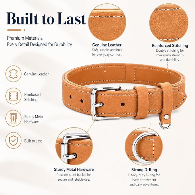 Genuine Leather Dog Collar, Soft Padded Leather Dog Collars with Airtag Holder Case for Small Medium Large X-Large Dogs,Comfort Heavy Duty Pet Collar with Durable Metal Buckle & D-Ring-Khaki/XL