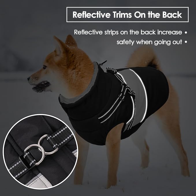 SUNFURA Dog Jacket, Large Dog Coat with Harness Built in, Warm Pet Winter Jacket Zippered Snow Coat with Furry Collar, Waterproof Fleece Snowsuit for French Bulldog, Black L