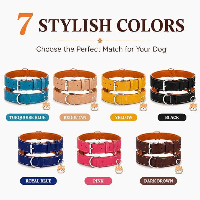 Genuine Leather Dog Collar, Soft Padded Leather Dog Collars with Airtag Holder Case for Small Medium Large X-Large Dogs,Comfort Heavy Duty Pet Collar with Durable Metal Buckle & D-Ring-Light Yellow/XS