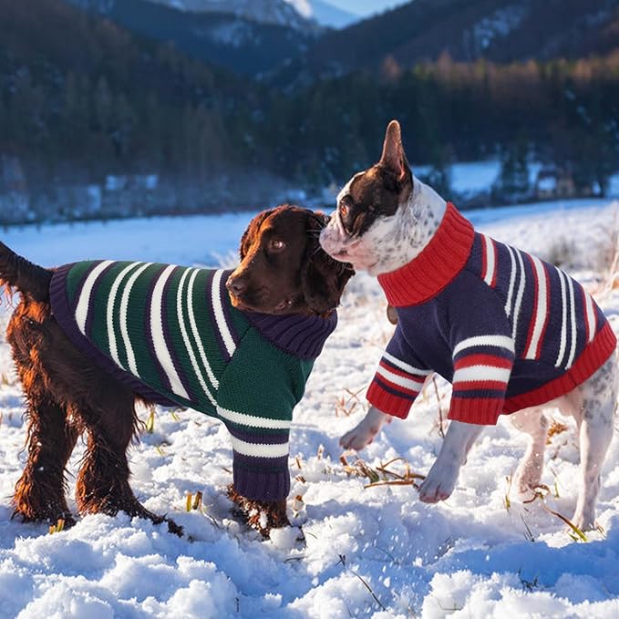 Kuoser Dog Sweater,Warm Dog Sweaters for Large Dogs,Turtleneck Thick Large Dog Sweater Christmas Outfit,Pet Winter Clothes Doggie Knitwear Girl Boy for Holiday Thanksgiving,Green&Navy Strips L