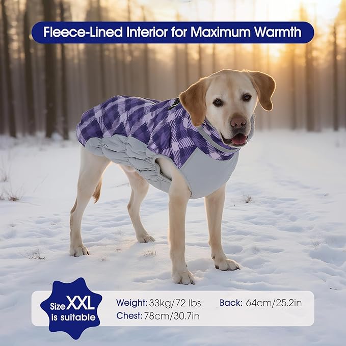 FUAMEY Dog Coat for Large Dogs,Waterproof Dog Winter Jacket with Harness Built in Puppy Cold Weather Coats Reflective Pet Vest with Zipper Warm Fleece Dogs Snowsuit Windproof Purple Plaid 2XL