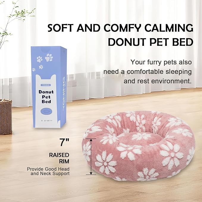 Yaning Donut Dog Beds for Small Dogs, Calming Round Cat Beds for Indoor Cats, Cute 3D Textured Flower Pet Bed with Removable Washable Cover and Anti-Slip Bottom（Pink，23"）