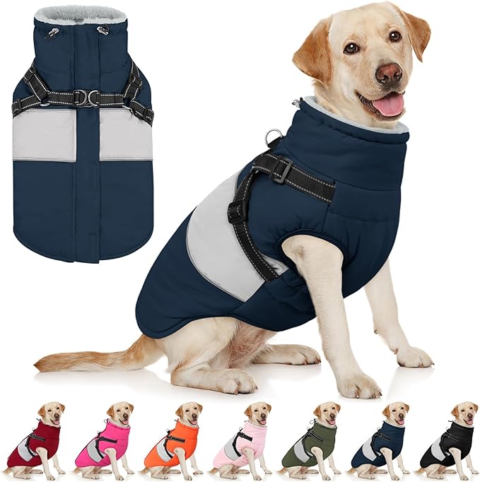 AOFITEE Dog Coat, Large Dog Jacket, Dogs Coat with Harness Built in, Reflective Waterproof Dogs Jackets Winter with Furry Collar, Warm Polar Fleece Pet Sweater Snowsuit for Doberman, Great Dane, XXL
