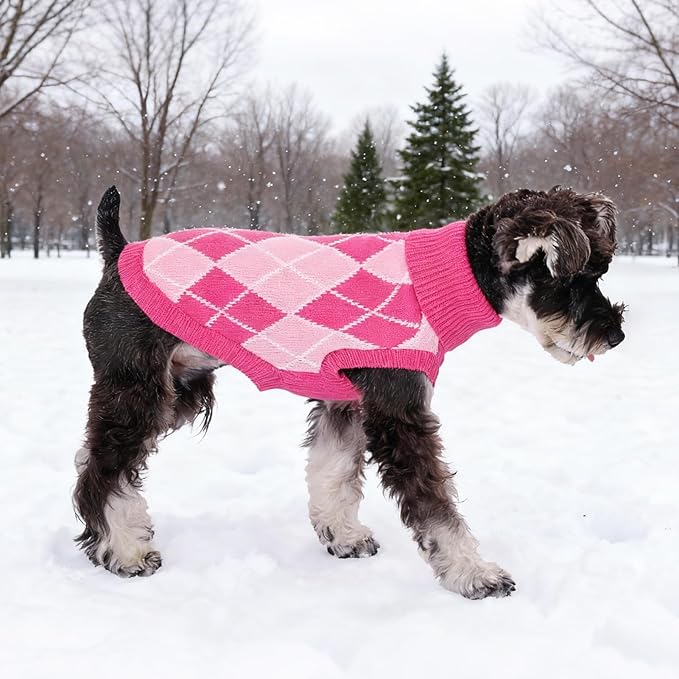 KOOLTAIL Small Dog Sweater, Knit Turtleneck Cold Weather Dog Sweaters for Medium Large Dogs, Soft Diamond Plaid Pullover Knitwear Pet Winter Warm Clothes,Pet Coat Puppy Sweater for Girls Boys,Pink M