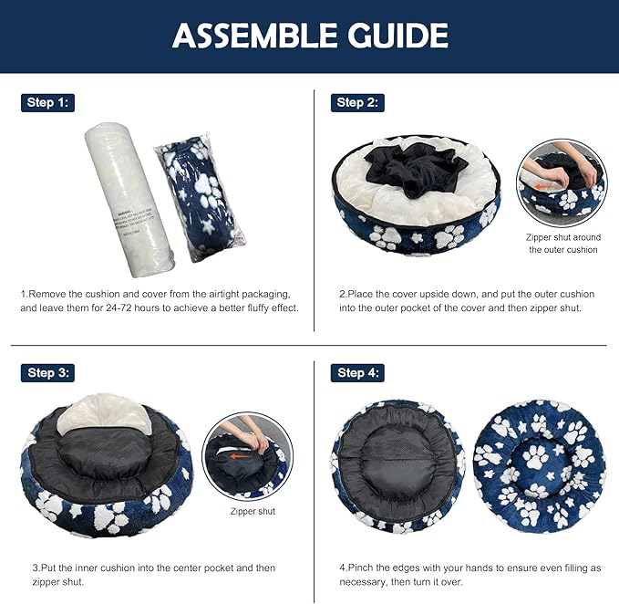 Yaning Donut Dog Beds for Small Dogs, Calming Round Cat Beds for Indoor Cats, Cute 3D Textured Paw Pet Bed with Removable Washable Cover and Anti-Slip Bottom（Navy Blue，20"）