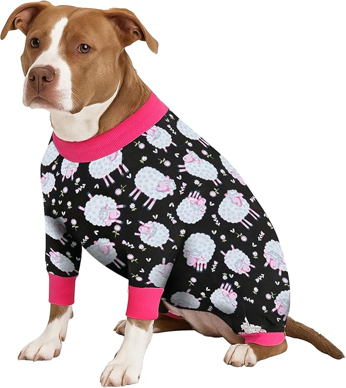LovinPet Dog Pjs Large Breed, Anxiety Calming Dog Jumpsuit, Lightweight Onesie, Black Sheep Print, Large Dog Pjs, Long Sleeve Pullover for Dogs, Pitbull Outfit, 2XL