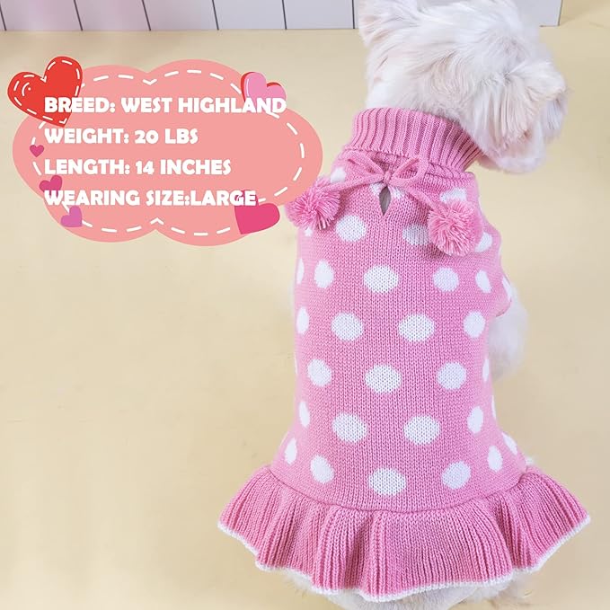KYEESE Valentines Dog Sweater Dress, Warm Dog Sweaters Medium Large Size Dogs Girl, Cozy Pullover Pet Clothes Knit Pet Apparel with Leash Hole, Pink Dot, 2XL