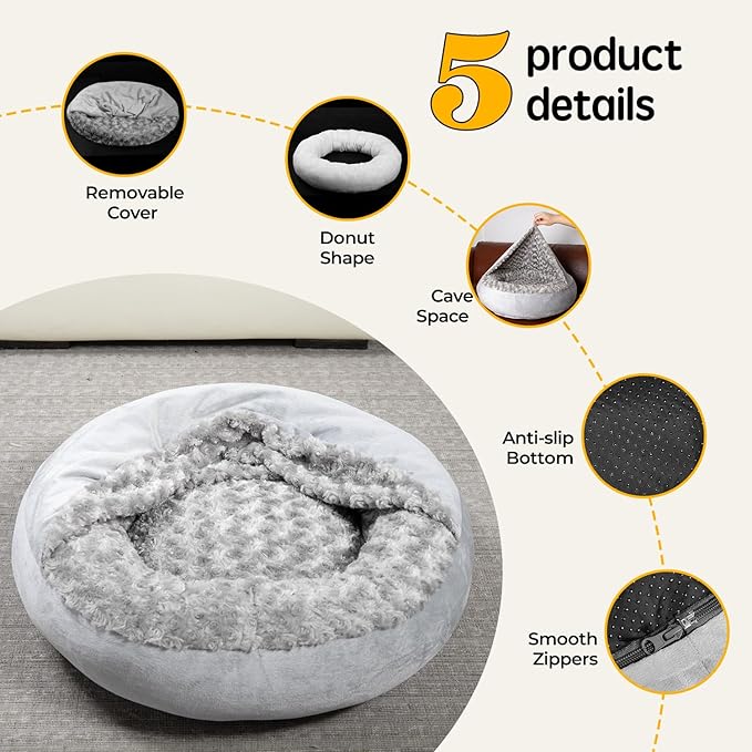 Cave Dog Bed with Blanket Donut Round Plush Cozy Cat Pet Bed for Puppy Machine Washable Removable Cover Cat Anti-Slip Bottom Gray 26X26X8 inch