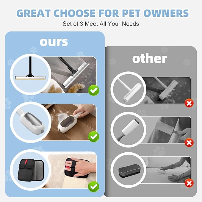 Liznkjious Pet Hair Removal Tool, 3 in 1 Cat Dog Hair Removar Set Including 50" Carpet Rake, Reusable Lint Roller and Static Pet Hair Removal Glove for Rugs,Carpet,Couch,Floors,Furniture,Clothes