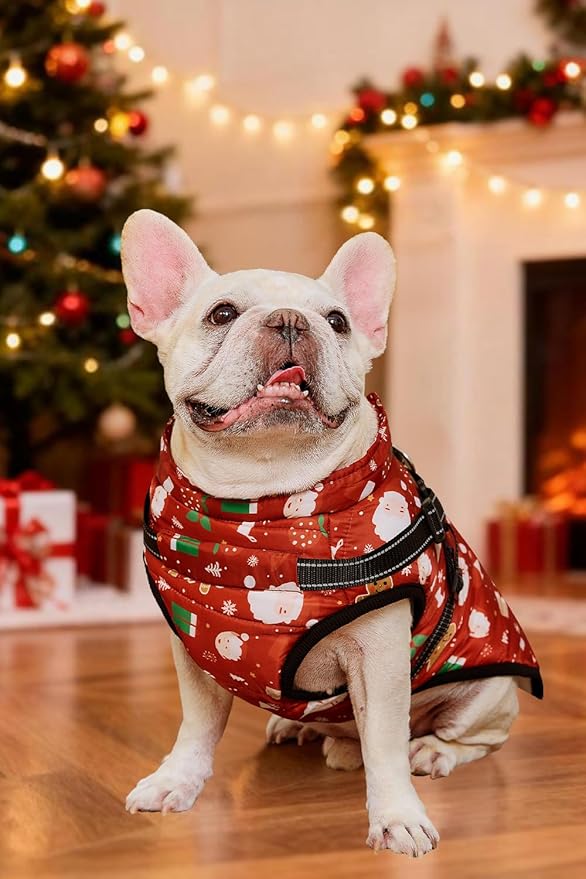 Aiboria Dog Jacket Windproof Fleece Dog Sweater with Padded Vest Chest Strap Harness Dogs Coat Christmas Red L