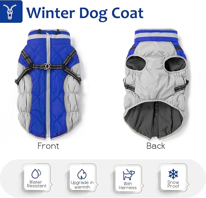 Dog Winter Coat with Harness, Dog Jacket, Pet Clothes with Zipper on Back, Waterproof Windproof Warm Vest, Reflective Cold Weather Coats, for Small Medium Large Dogs, Thick, Blue, 3XL