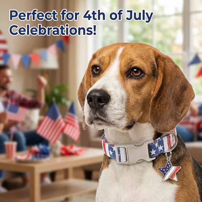 American Flag Dog Collar, Patriotic Dog Collar for Boys Girls Dog, Adjustable Puppy Collar with Star Pattern for 4th of July Occasion & Daily Walking, Fits Puppies and Small Breeds
