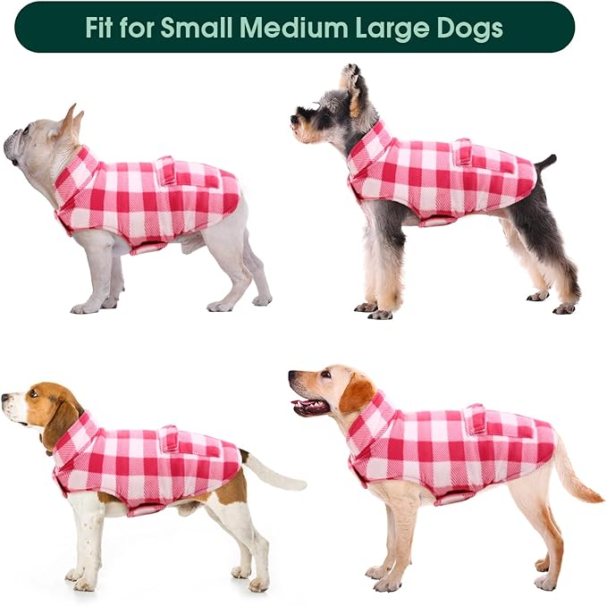 Kuoser Dog Winter Coat, Windproof Dog Fleece Jacket British Style Plaid Cold Weather Doggie Vest Coats, Reversible Cozy Warm Pet Clothes Apparel for Medium Dogs M