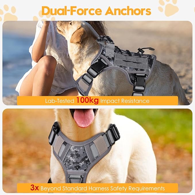 Heavy-Duty Tactical Dog Harness for Large Dogs, No Pull Adjustable Reflective Pet Vest with Molle System, K9 Military-Grade Control for Service Training, Outdoor & 10+ Breeds, Gray Camo, Small