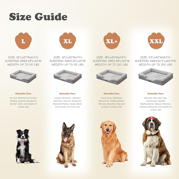 PetFun XL Orthopedic Dog Beds Large Sized Dog - Washable Large Dog Cat Bed Waterproof, Comfort Dogs Couch Sofa with Washable Removable Cover, Pet Bed with Nonskid Bottom, Light Grey, 42"