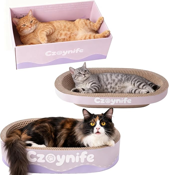 Czoynife 3PCS Cat Scratcher Cardboard, Oval Cat Scratch Pad Bowl Nest for Indoor Cats, Round Cat Scratching Board Corrugated Lounge Cat Bed, Furniture Protector for Couch (Purple, 15.7 * 10 in)
