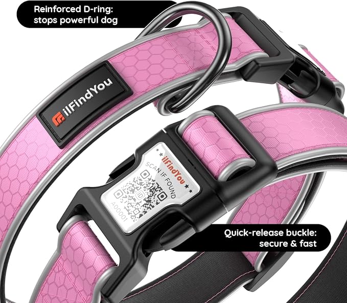 Personalized Dog Collar with QR Code Dog Tag, Oxford Pink M | Anti-lost, Oxford, reflective, padded, XS-L(8"-24"), QR buckle shares lost pet profile, location alerts when scanned, No Fees