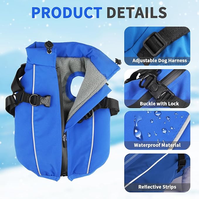 Dog Winter Coat Reflective Water-Resistant Jacket, Fleece Lined Windproof Puppy Coat with Back Zipper & D-Ring, Cold Weather Dog Coats for Small Medium Dogs (S, Blue)