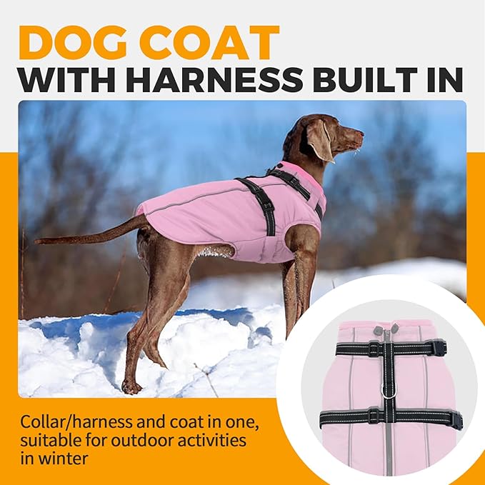 Lelepet Dog Coat with Harness Built in, Waterproof Dog Jacket for Large Dogs Reflective Winter Jacket with Zip Warm Cold Weather Coats for Dogs, Cozy Turtleneck Pet Snowsuit, Great Dane, Pink, 3XL