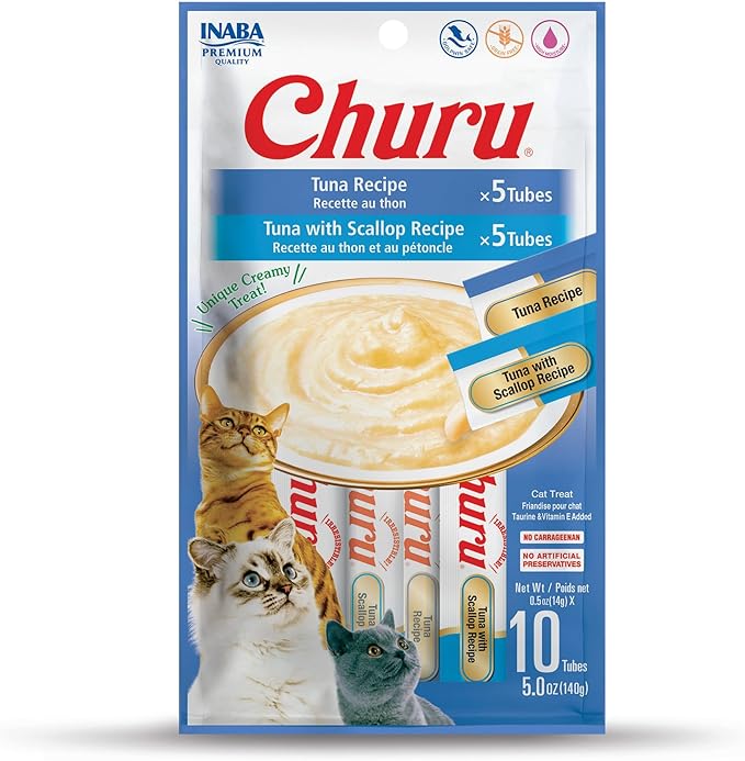 INABA Churu Cat Treats, Grain-Free, Lickable, Squeezable Creamy Purée Cat Treat/Topper with Vitamin E & Taurine, 0.5 Ounces Each Tube, 10 Tubes Total/Two Flavors, Tuna Variety