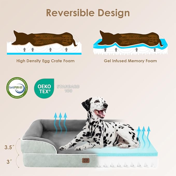 EHEYCIGA Orthopedic Dog Beds for Large Dogs, Waterproof Memory Foam Large Pet Bed with Sides, Non-Slip Bottom and Egg-Crate Foam Dog Couch Bed with Washable Removable Cover, Greyish Green