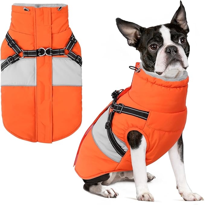 SUNFURA Dog Winter Coat, Waterproof Dog Coat Jacket with Harness for Medium Dogs Boys Girls, Reflective Fleece Lined Pet Snow Jacket Sweaters for Pug, Jack Russel, Boston Terrier, Orange M