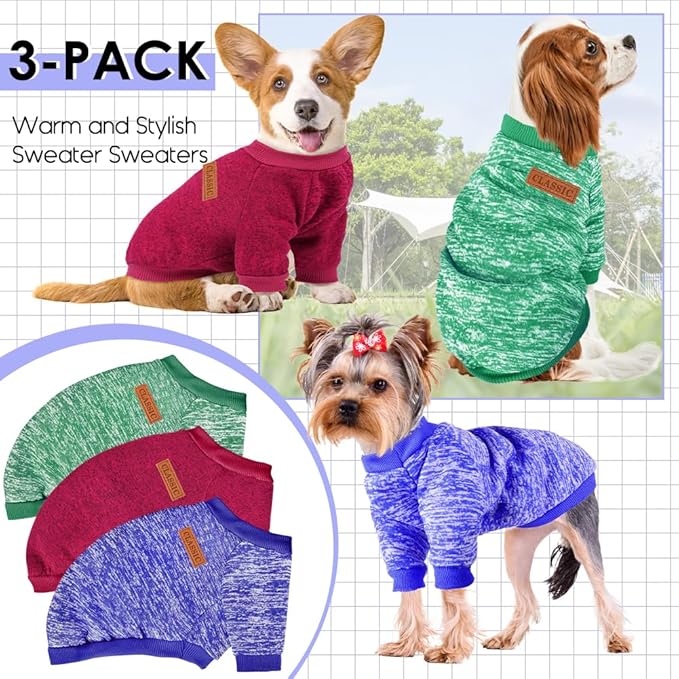 3 Pack Dog Sweaters for Small Dogs Girl Boy Winter Fleece Clothes Warm Soft Dog Sweatshirt Outfit for Dogs Cats Pet Apparel (Green, X-Small)