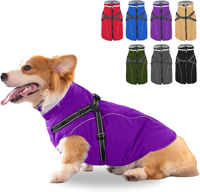 Fragralley Dog Coat with Harness Built in, Waterproof Windproof Reflective Warm Puffer Jacket, Fleece Lined Vest Winter Parka for Small, Medium, Large Dogs