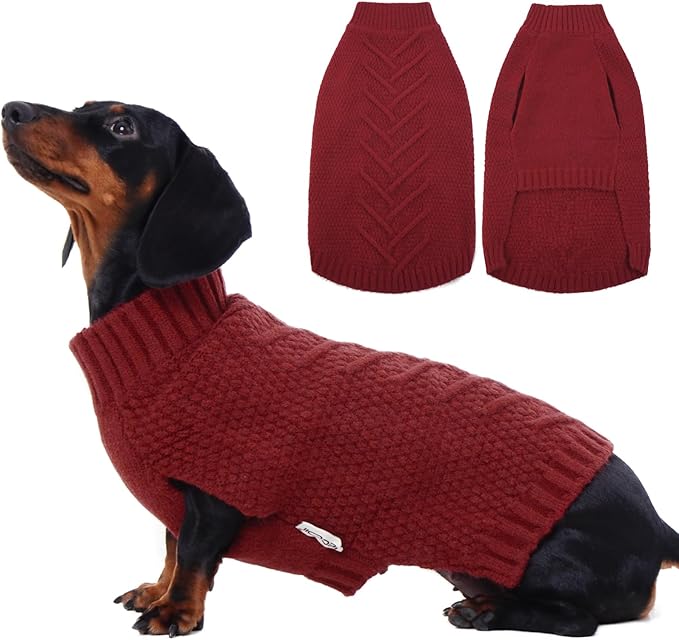 IECOii Thermal Knitted Dog Sweaters - Small Dachshund Sweater for Dogs Girl Boy, Christmas Sweater for Cold Weather, Pug, Wiener Sweaters, DarkRed - M