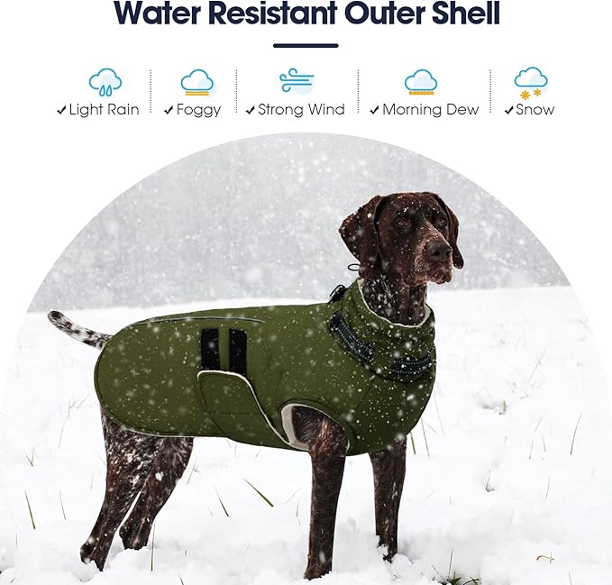 IECOii Winter Dog Coats for Large Dogs, Dog Snow Jacket with Built in Collar & Reflective Strips, Warm Windproof Fleece Dogs Jacket for Cold Weather, Adjustable Easy On Pet Snowsuit, Army Green - XL