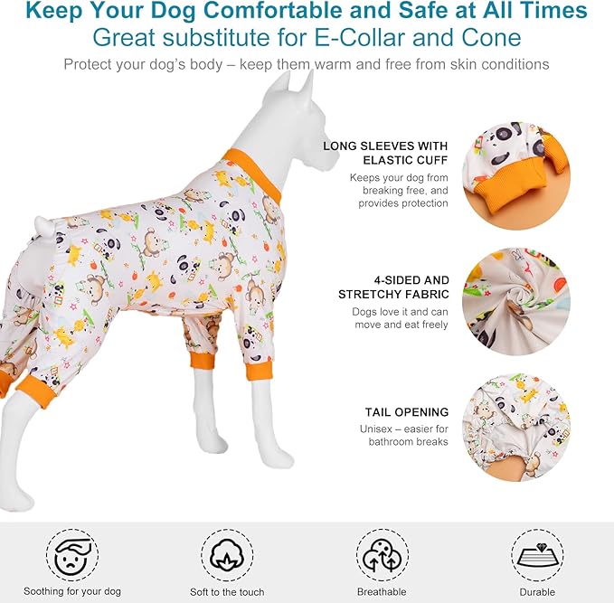 LovinPet Doberman Pajamas - Pet Anxiety Relief Shirt, Dog Pajamas, UV Protection Comfy Stretchy Fabric, White Animal Print, Large Dog Pjs, Pitbull Clothes, Surgical Recovery Shirt,Orange L