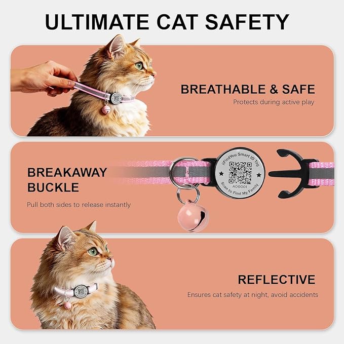 Breakaway Cat Collar QR Code, Reflective Bell, Adjustable Kitten Pink 2pk