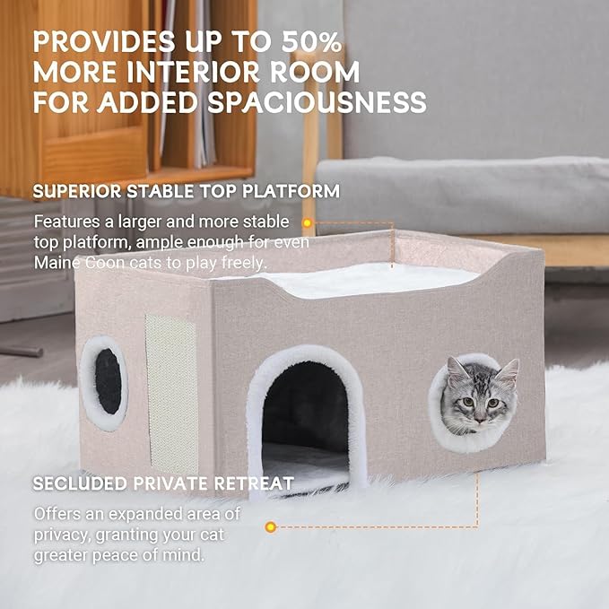 Gosipeya Cat House for Indoor Cats – Foldable Cat Cave & Covered Cat Bed, Cozy Hideaway for Small Pets and Large Cats (23.6"x16"x12.8"),Beige