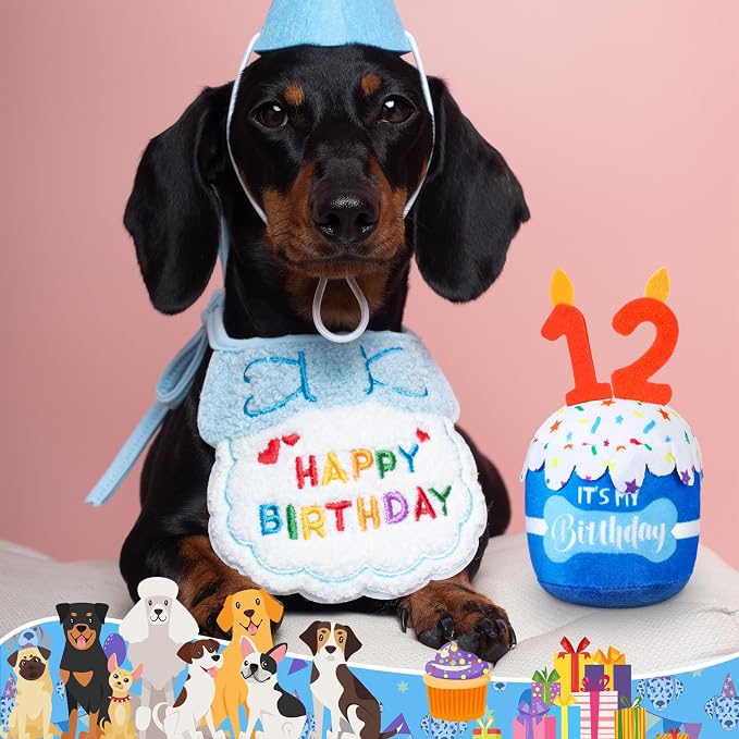 Dansydaisy Dog Birthday Cake Toy Squeaky Plush Gift,12th,Blue