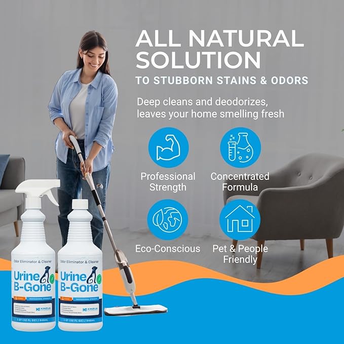 KINZUA ENVIRONMENTAL Urine B-Gone, Professional Enzyme Odor Eliminator & Pet Stain Remover, Human, Cat & Dog Urine Cleaner, Effective on Laundry, Carpets & More, Citrus Scent, 32oz, Pack of Two