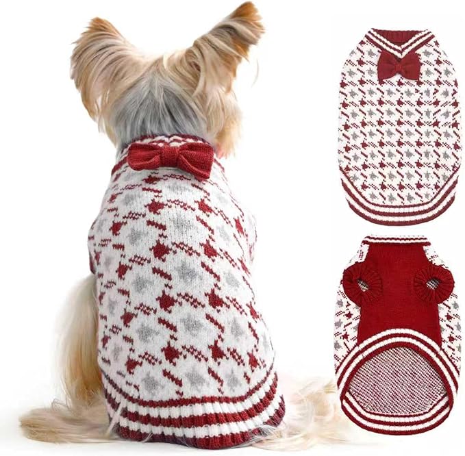 Christmas Halloween Small Dog Sweaters Girl Pet V- Neck Doggy Sweater Knit Dog Sweater for Pomeranian Bichon Frise Pug Cold Weather Outfit Pet Formal Dress (RED，L)