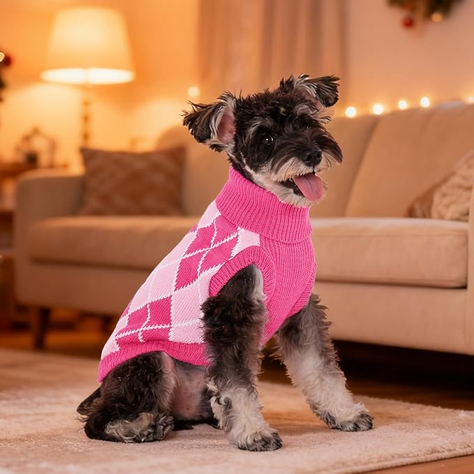 KOOLTAIL Small Dog Sweater, Knit Turtleneck Cold Weather Dog Sweaters for Medium Large Dogs, Soft Diamond Plaid Pullover Knitwear Pet Winter Warm Clothes,Pet Coat Puppy Sweater for Girls Boys,Pink M