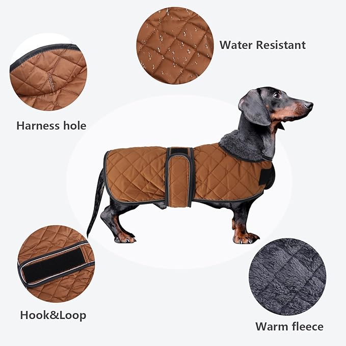 Dachshund Coat Dog Coats for Dachshunds Dachshund Winter Jacket with Padded Fleece Outdoor Dog Clothes with Adjustable Bands - Brown - S