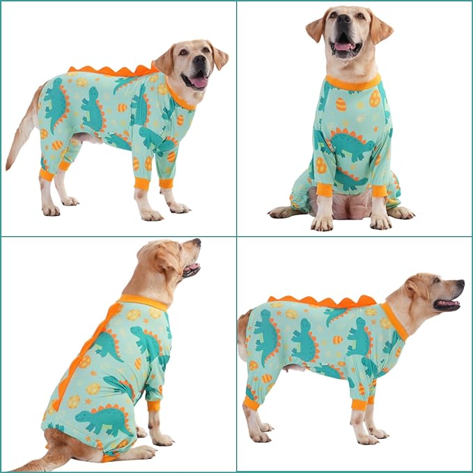 LovinPet Large Dog Pajamas, Four-Leg Stretch Onesie Bodysuit, Lightweight UV-Shielding Pajamas, Anti-Lick Calming Recovery Suit for Surgery, Pull-On for Medium and Large Breeds,Green Orange,3XL