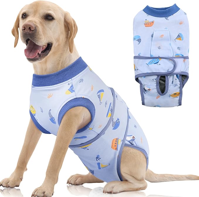 FUAMEY Recovery Suit for Dogs After Surgery,Soft Breathable Dog Bodysuit E-Collar & Cone Alternative Surgical Suit,Male Female Dog Neuter Spay Suits Anti Licking Wounds Onesie Blue Boat XXL