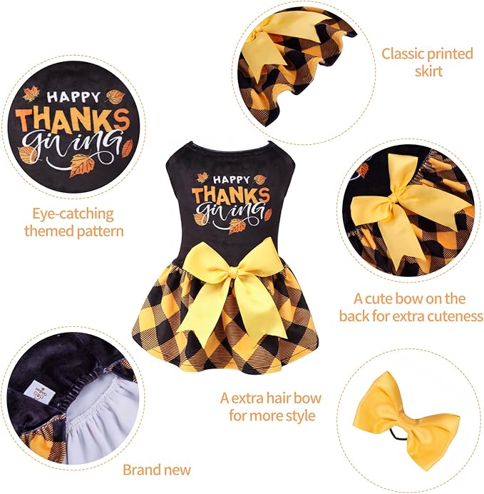 CuteBone Happy Thanksgiving Day Dog Fall Dress Costume Velvet for Small Dogs Girl Puppy Dresses Yellow Plaid Dog Clothes CVA03L-D